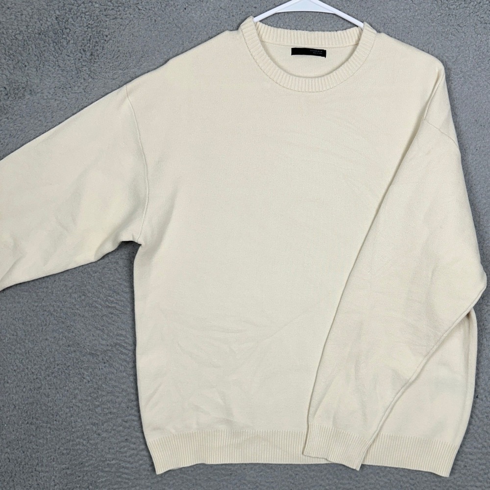 Zara Sweater Mens Medium Crew Neck Cream Off White Knit Pullover Minimalist EUC